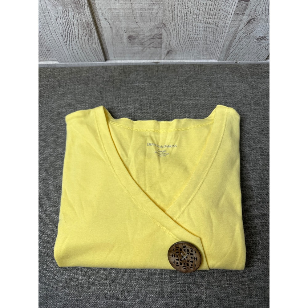 Drapers & Damons Womens Large Yellow Faux Wrap V-Neck Top Short Sleeve Button - Picture 3 of 7